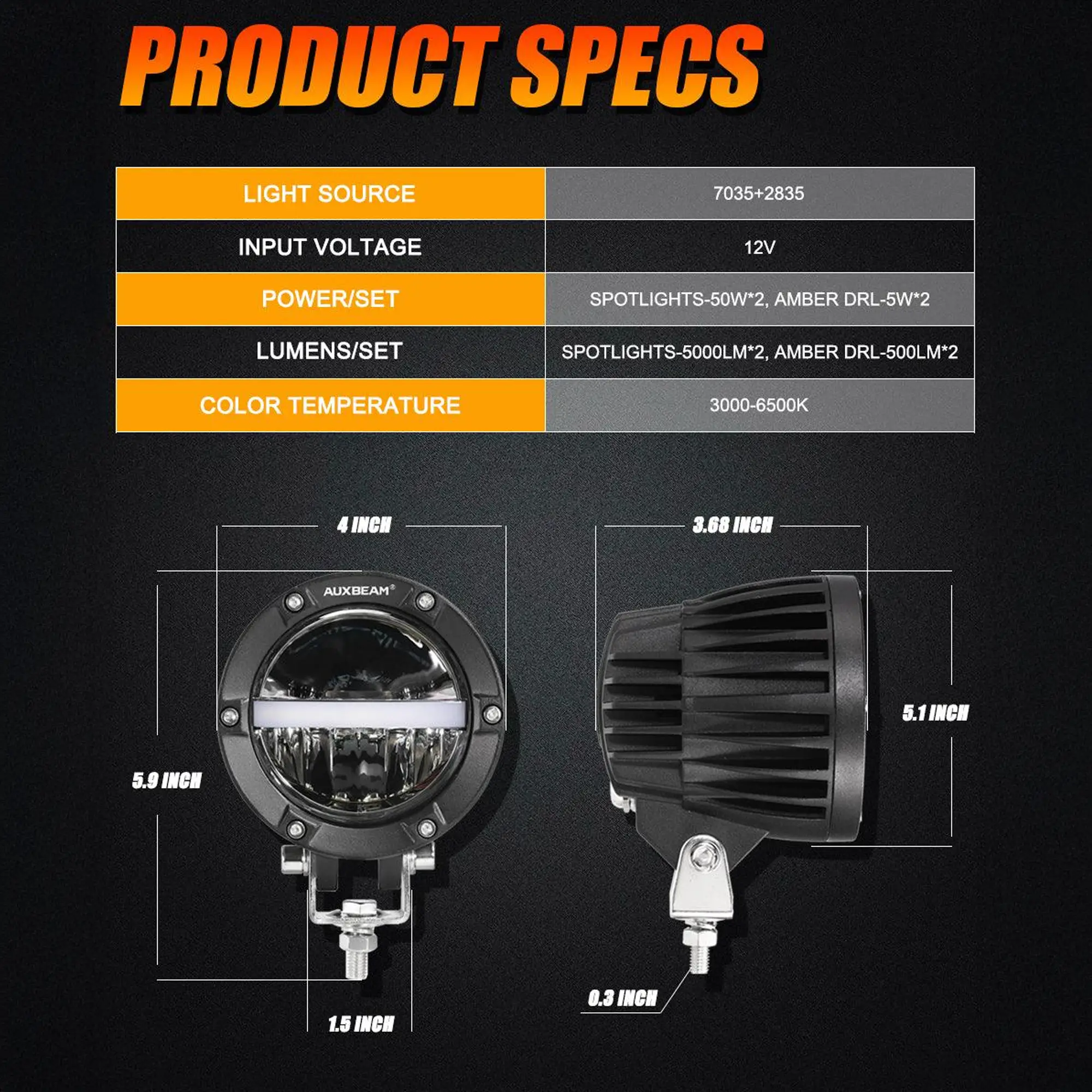 4 INCH 110W 11000LM LED PODS OFFROAD LED DRIVING LIGHTS WITH AMBER DRL - Image 3